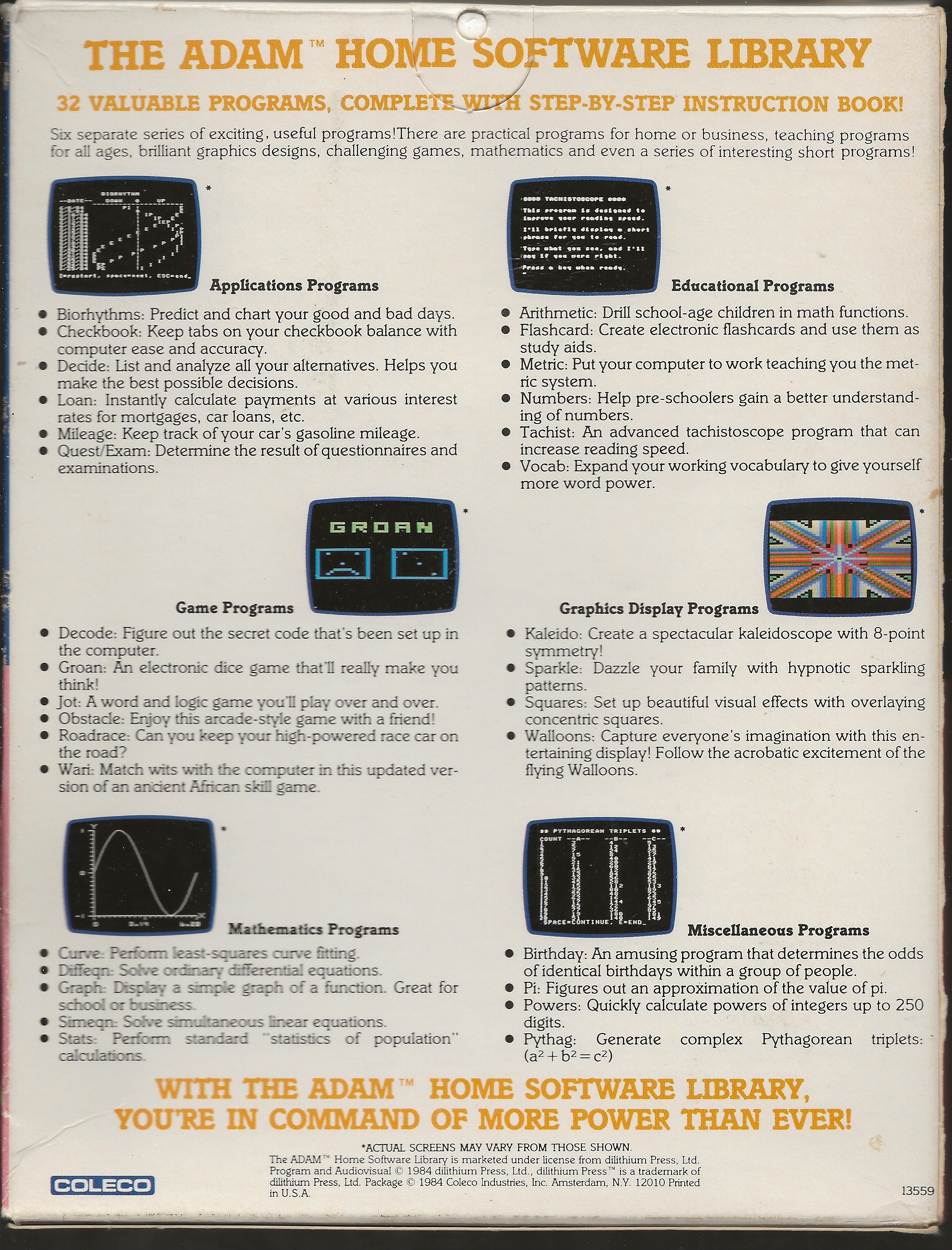 32 Basic Programs for The ADAM/Coleco Home Software Package